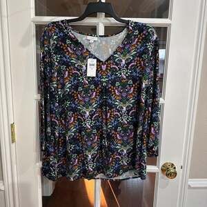 J.Jill Floral Bird Print V-Neck Long Sleeve Top, Women's Size 2X - NWT